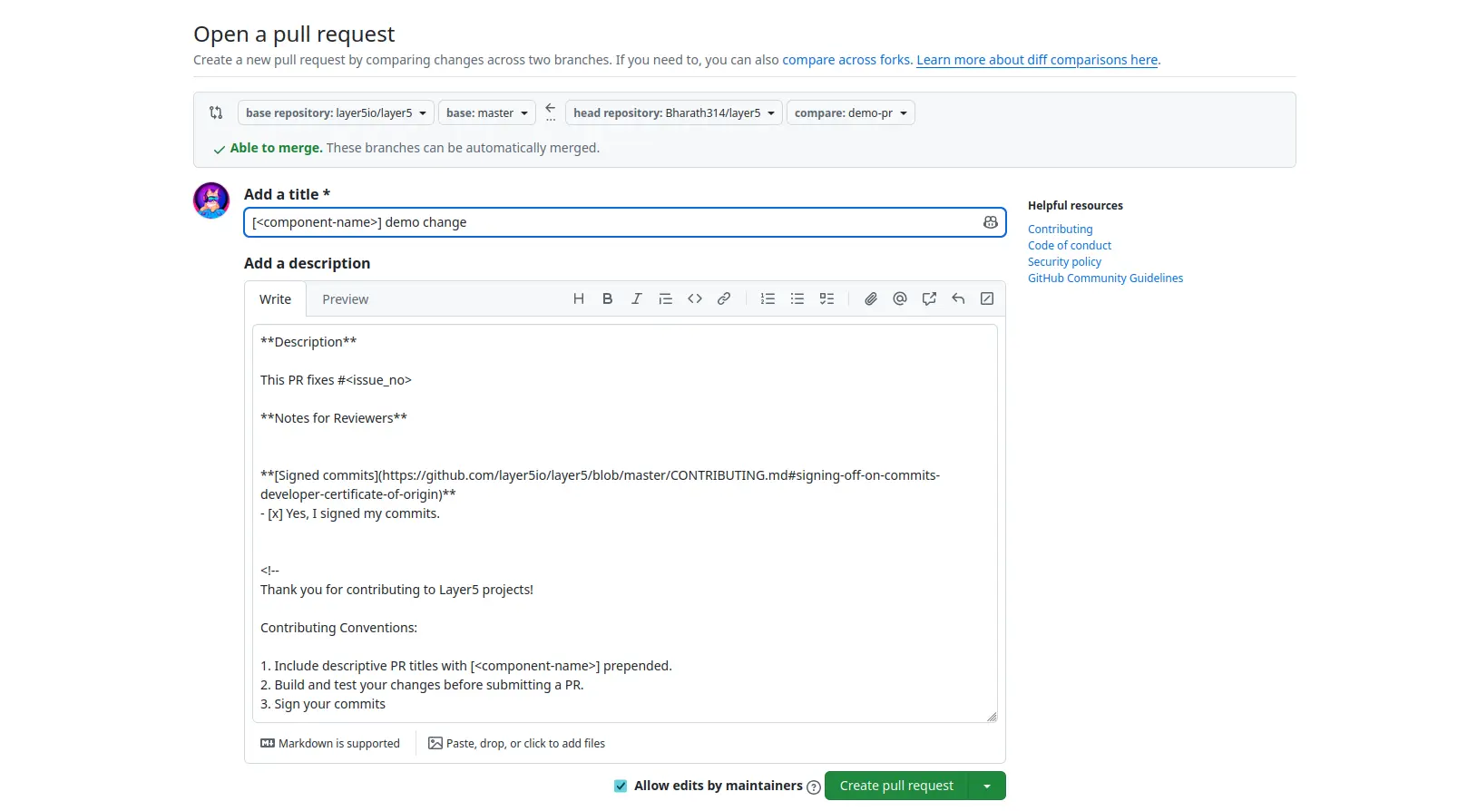 Create pull request page on GitHub
